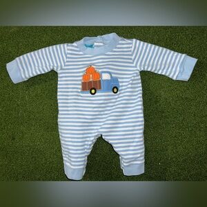 Claire & Charlie Striped Baby One Piece with Truck & Pumpkin Appliqué 6m Fall